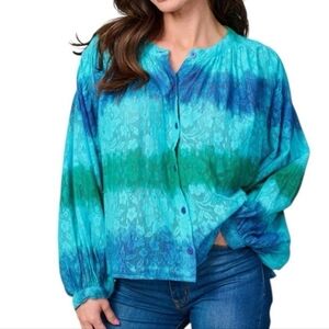 Boutique Women's Blouse Tie Dye Floral Lace 3/4 Sleeve Button Front Blue New